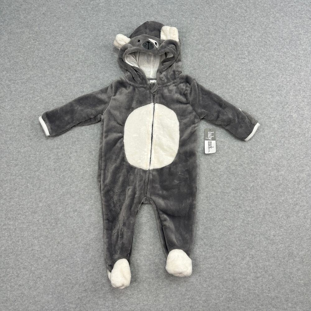 Baby Mack One Piece Bodysuit Infants 6-9M Gray White Fleece Hooded Dog Full Zip